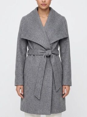 Tahari Gray Wool Blend Tie Waist Wrap Coat
